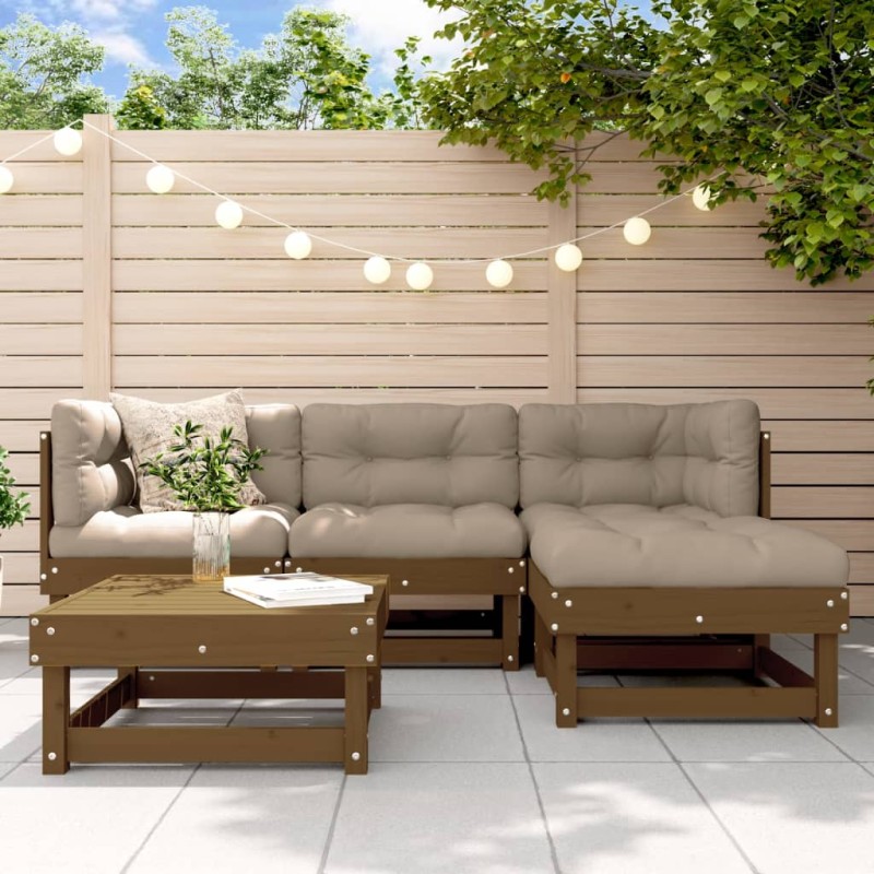 vidaXL Juego muebles jardín 5 pzas y cojines madera maciza marrón miel vidaXL Juego muebles jardín 5 pzas y cojines madera maciza marrón miel