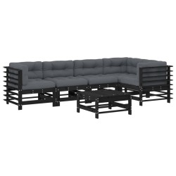 vidaXL Juego de muebles de jardín 6 pzas y cojines madera maciza negro