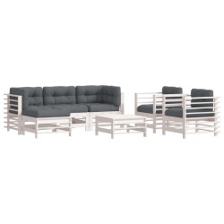vidaXL Juego de muebles jardín 7 piezas y cojines madera maciza blanco