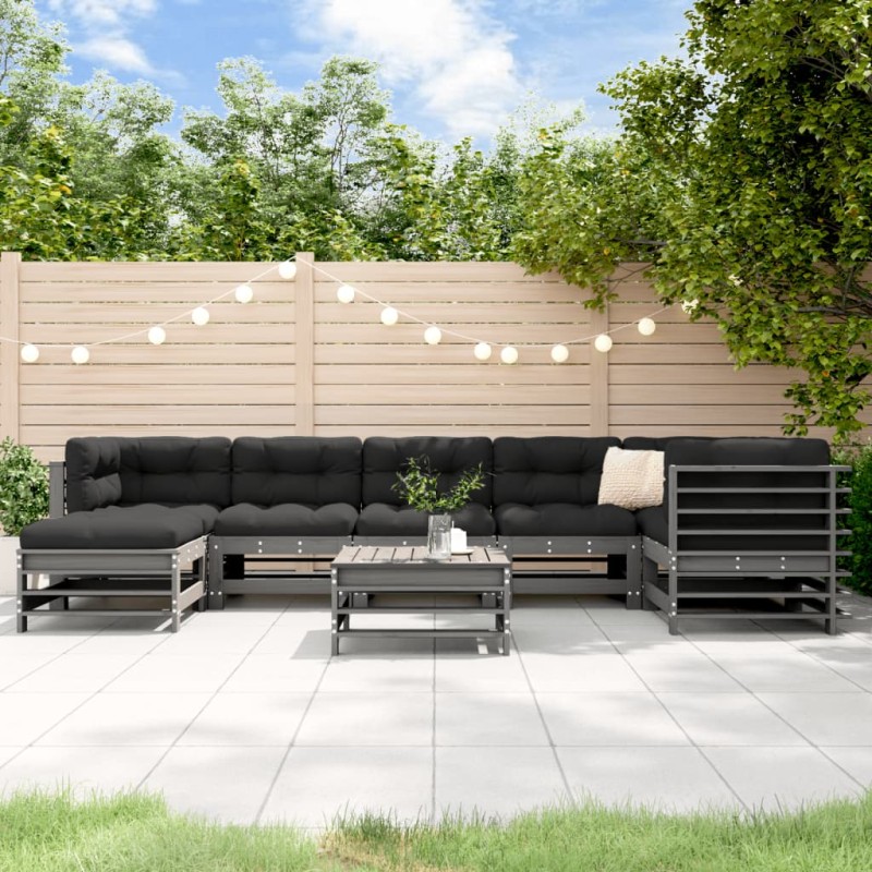 vidaXL Juego de muebles de jardín 8 pzas y cojines madera maciza gris vidaXL Juego de muebles de jardín 8 pzas y cojines madera maciza gris