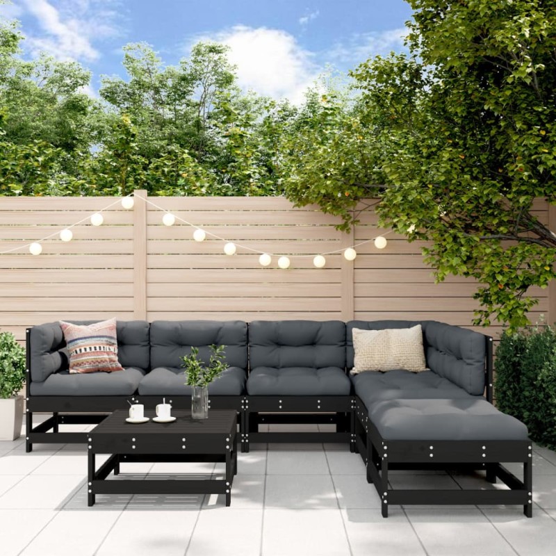 vidaXL Juego de muebles de jardín 7 pzas y cojines madera maciza negro