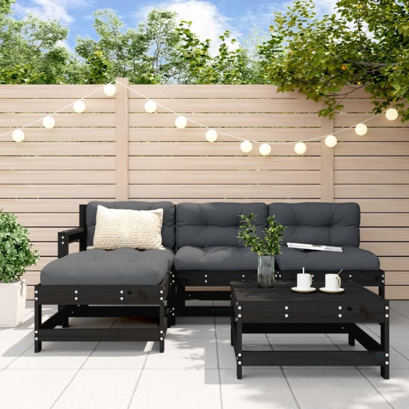vidaXL Juego de muebles de jardín 5 pzas y cojines madera maciza negro vidaXL Juego de muebles de jardín 5 pzas y cojines madera maciza negro