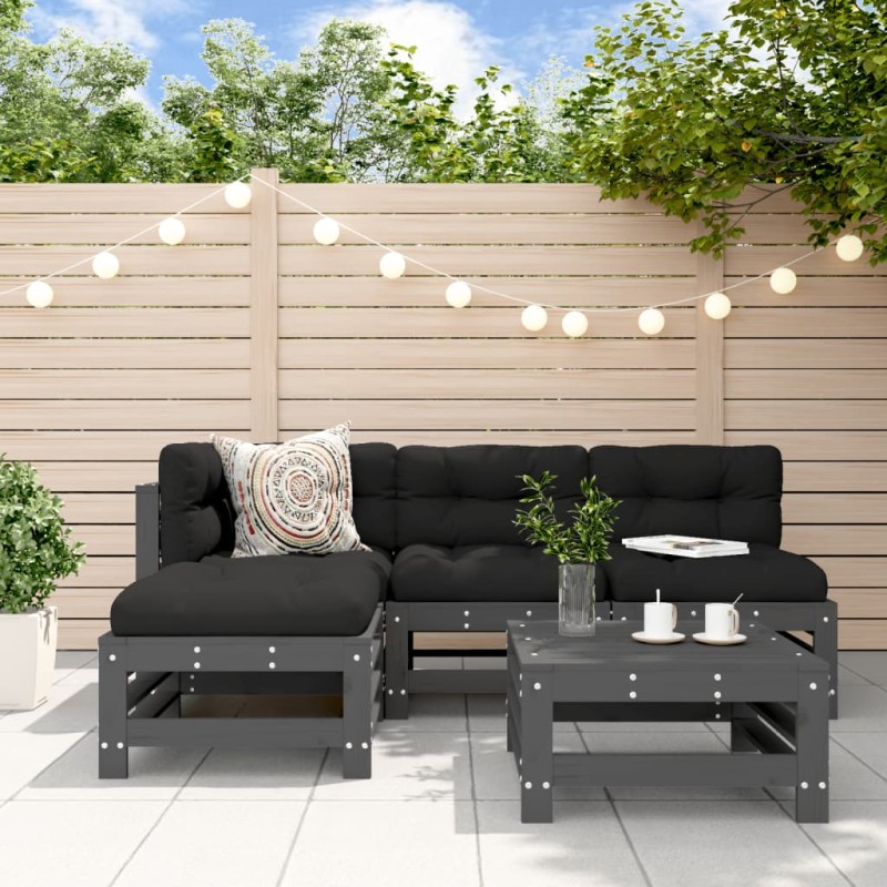 vidaXL Juego de muebles jardín 5 piezas y cojines madera maciza gris vidaXL Juego de muebles jardín 5 piezas y cojines madera maciza gris