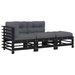 vidaXL Juego de sofás de jardín 3 pzas con cojines madera maciza negro