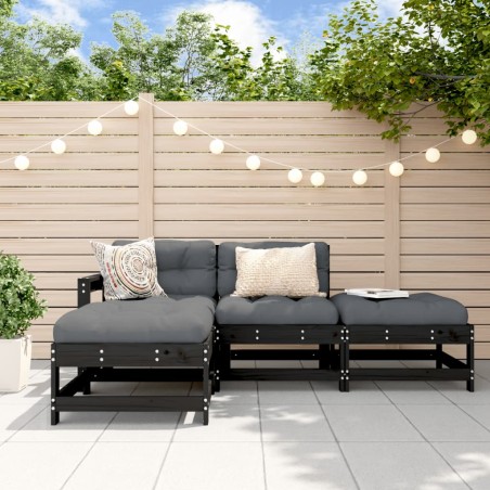 vidaXL Juego de muebles de jardín 4 pzas y cojines madera maciza negro