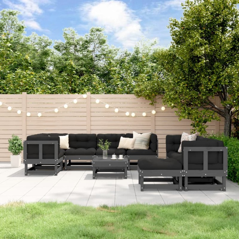 vidaXL Juego de muebles de jardín 10 pzas y cojines madera maciza gris