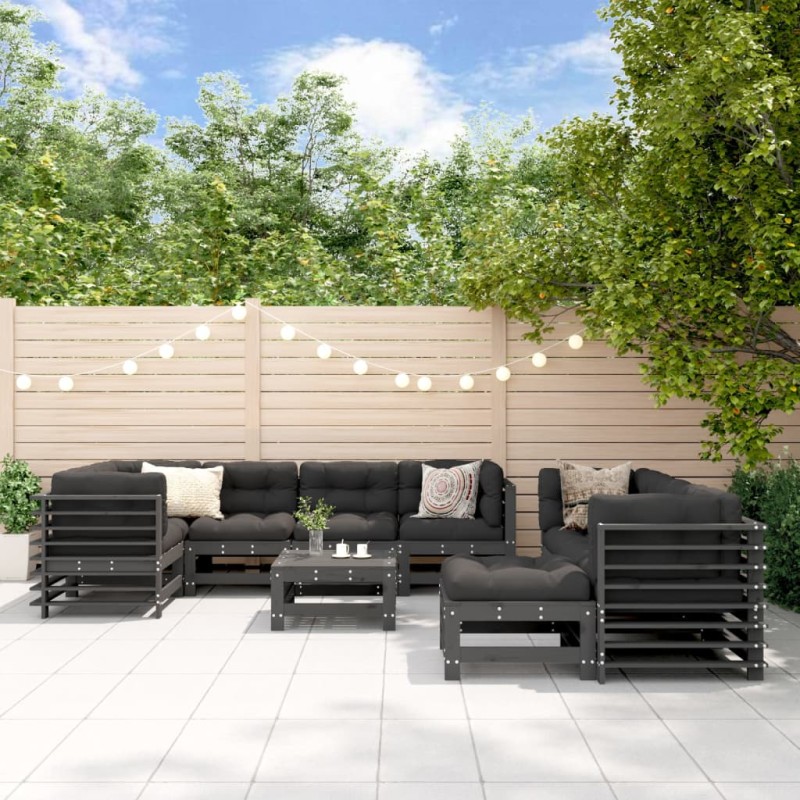 vidaXL Juego de muebles de jardín 10 pzas y cojines madera maciza gris vidaXL Juego de muebles de jardín 10 pzas y cojines madera maciza gris