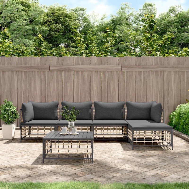 vidaXL Juego de muebles de jardín 6 pzas cojines antracita ratán PE vidaXL Juego de muebles de jardín 6 pzas cojines antracita ratán PE