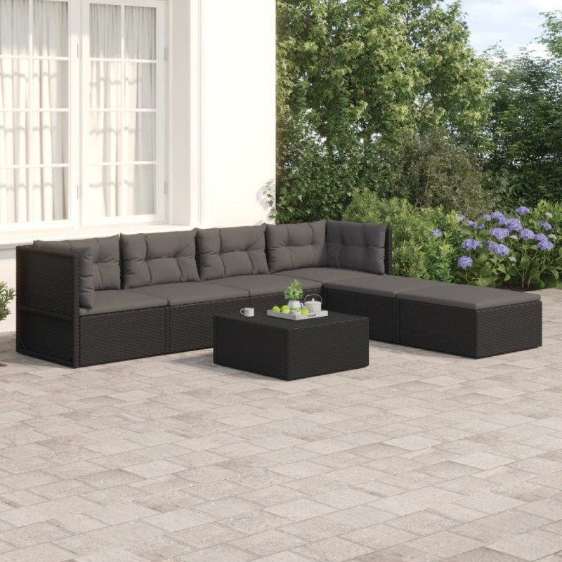 vidaXL Set muebles de jardín 6 piezas y cojines ratán sintético negro vidaXL Set muebles de jardín 6 piezas y cojines ratán sintético negro
