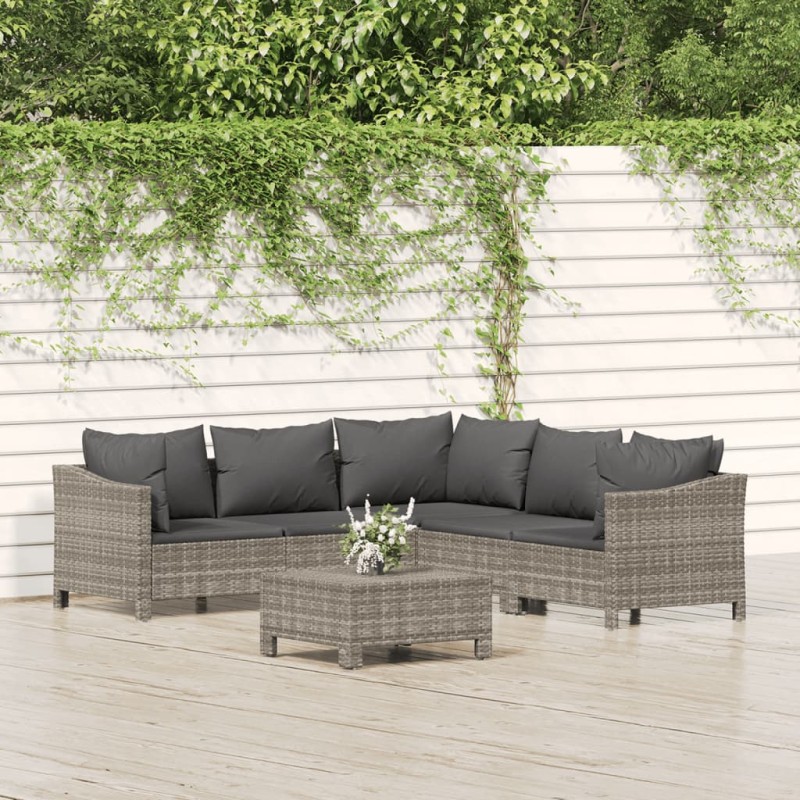 vidaXL Set de muebles de jardín 6 pzas y cojines ratán sintético gris vidaXL Set de muebles de jardín 6 pzas y cojines ratán sintético gris