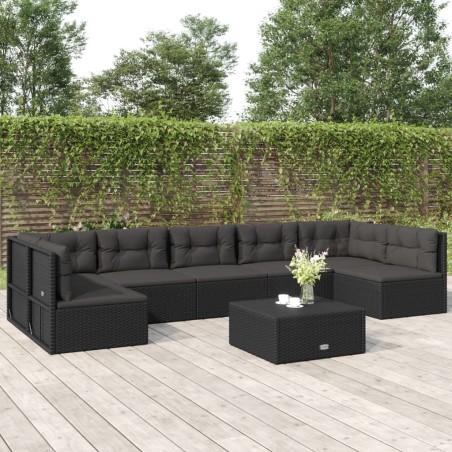 vidaXL Set de muebles de jardín y cojines 7 pzas ratán sintético negro