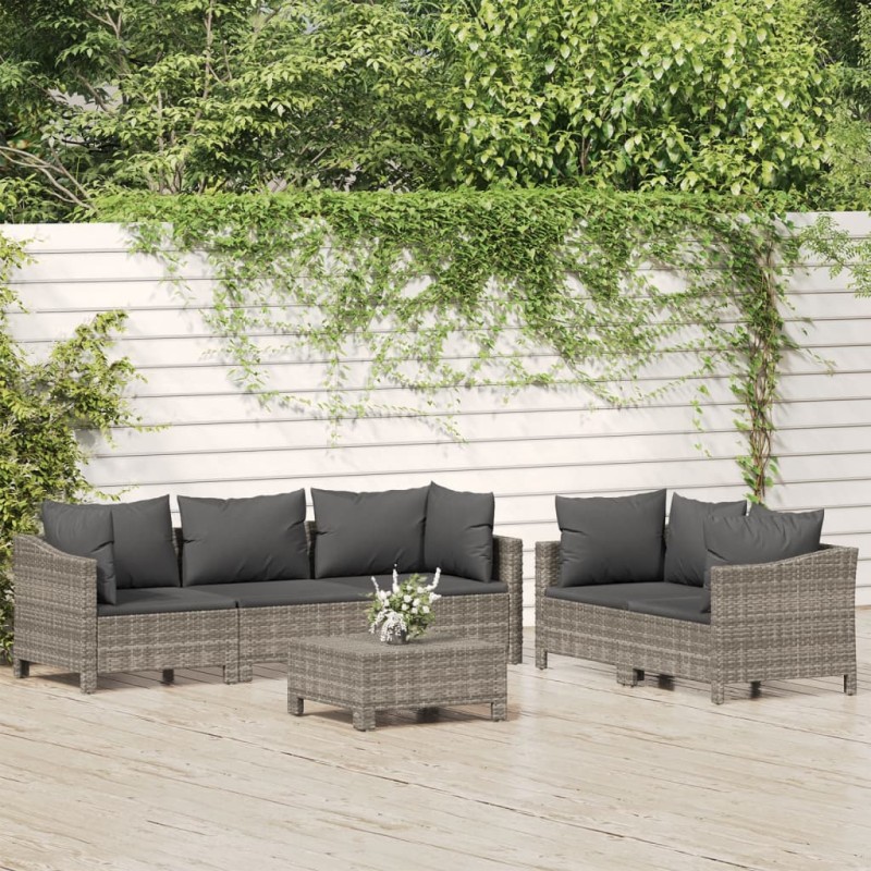 vidaXL Set de muebles de jardín 6 pzas y cojines ratán sintético gris vidaXL Set de muebles de jardín 6 pzas y cojines ratán sintético gris
