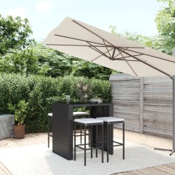 vidaXL Mesa y taburetes altos jardín 5 pzas y cojines ratán PE negro