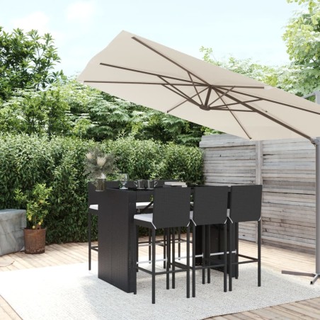 vidaXL Mesa y taburetes altos jardín y cojines 7 pzas ratán PE negro
