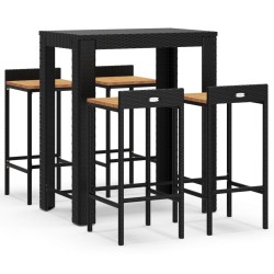 vidaXL Mesa bar y taburetes jardín 5 pzas madera acacia ratán PE negro