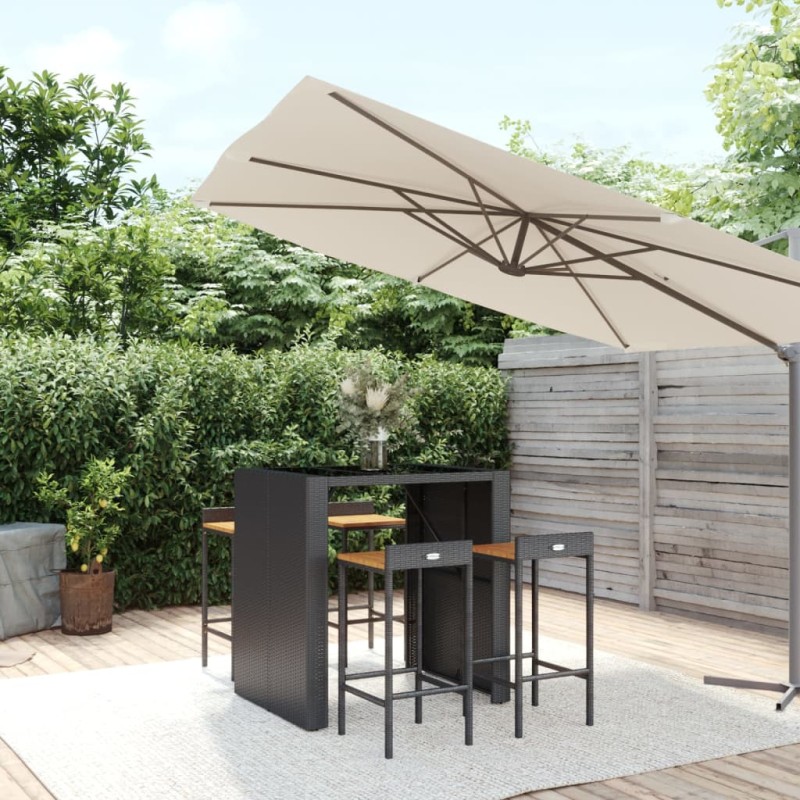 vidaXL Mesa bar y taburetes jardín 5 pzas madera acacia ratán PE negro vidaXL Mesa bar y taburetes jardín 5 pzas madera acacia ratán PE negro