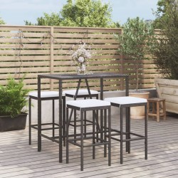 vidaXL Mesa y taburetes altos jardín 5 pzas y cojines ratán PE negro