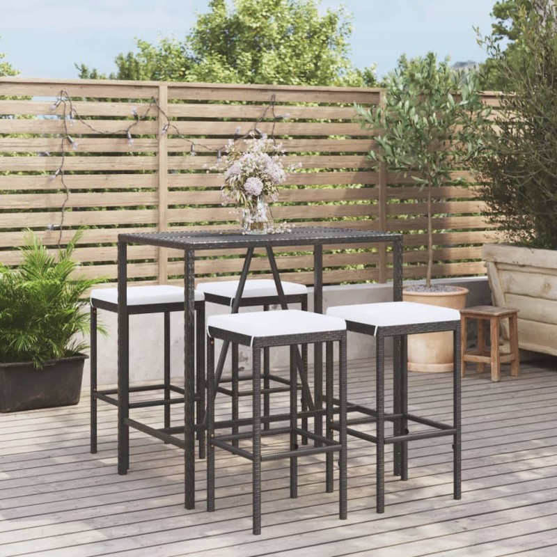 vidaXL Mesa y taburetes altos jardín 5 pzas y cojines ratán PE negro vidaXL Mesa y taburetes altos jardín 5 pzas y cojines ratán PE negro
