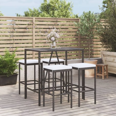 vidaXL Mesa y taburetes altos jardín 5 pzas y cojines ratán PE negro