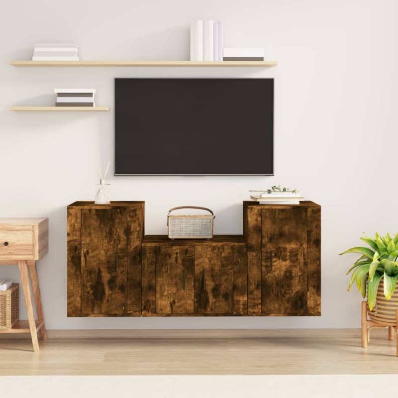 vidaXL Set de muebles de TV 3 pzas madera contrachapada roble ahumado vidaXL Set de muebles de TV 3 pzas madera contrachapada roble ahumado