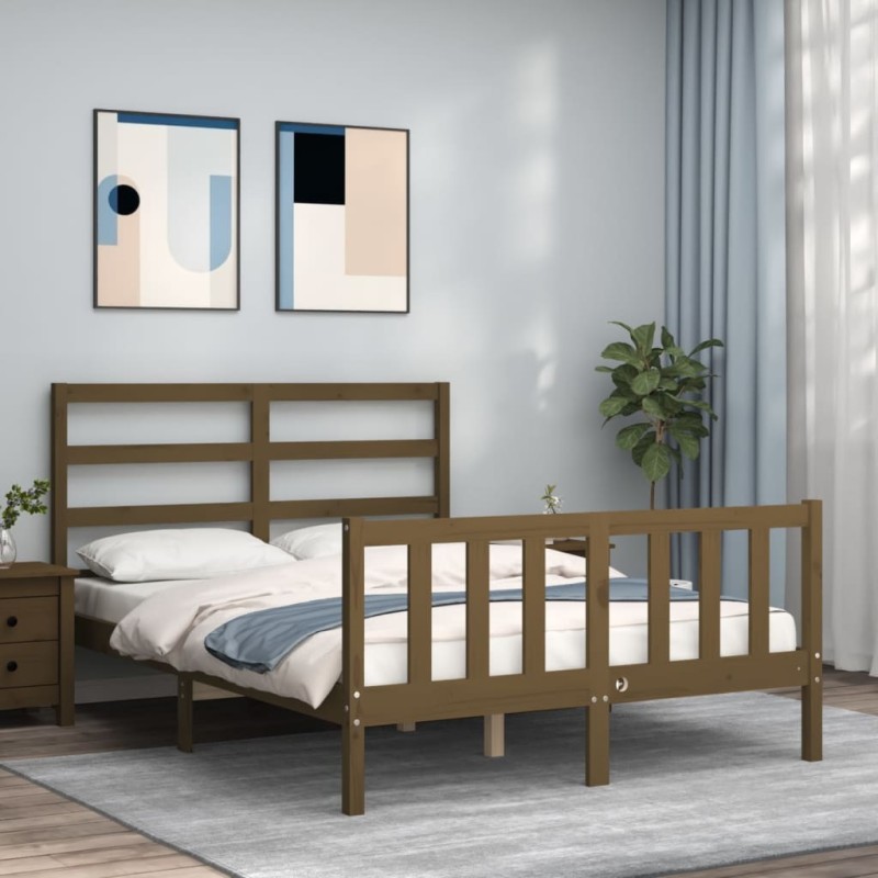 vidaXL Estructura de cama matrimonio con cabecero madera marrón miel vidaXL Estructura de cama matrimonio con cabecero madera marrón miel