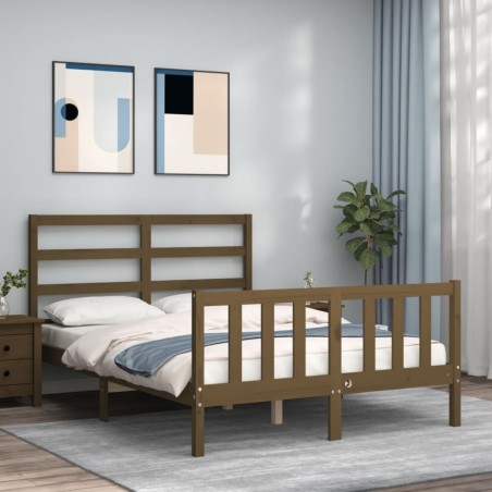 vidaXL Estructura de cama matrimonio con cabecero madera marrón miel