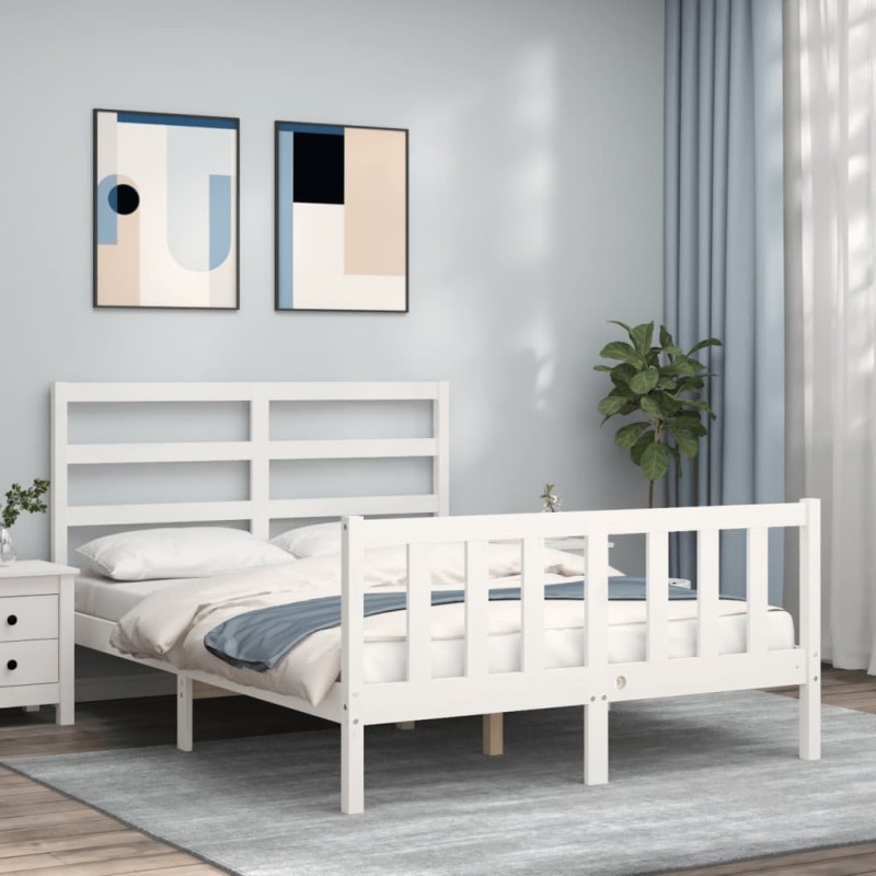 vidaXL Estructura de cama con cabecero madera maciza blanco 140x190 cm vidaXL Estructura de cama con cabecero madera maciza blanco 140x190 cm