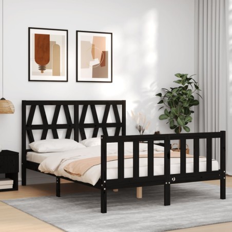 vidaXL Estructura cama de matrimonio con cabecero madera maciza negra