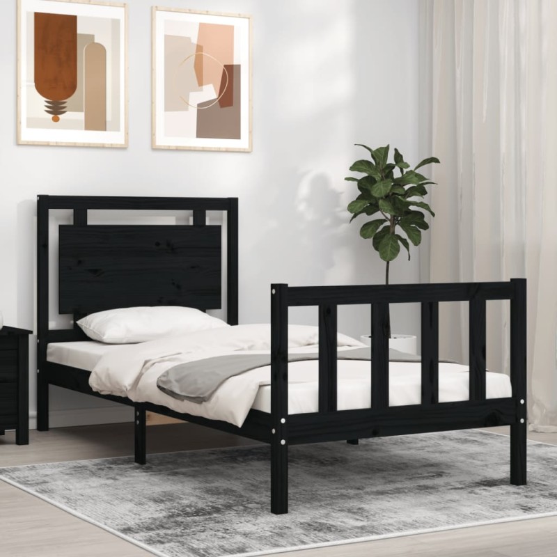 vidaXL Estructura de cama con cabecero madera maciza negro 90x200 cm vidaXL Estructura de cama con cabecero madera maciza negro 90x200 cm