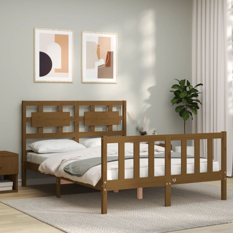 vidaXL Estructura de cama matrimonio con cabecero madera marrón miel vidaXL Estructura de cama matrimonio con cabecero madera marrón miel