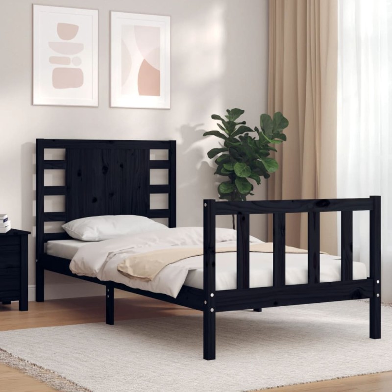 vidaXL Estructura de cama con cabecero madera maciza negro 100x200 cm vidaXL Estructura de cama con cabecero madera maciza negro 100x200 cm