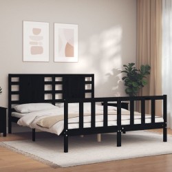 vidaXL Estructura cama de matrimonio con cabecero madera maciza negro