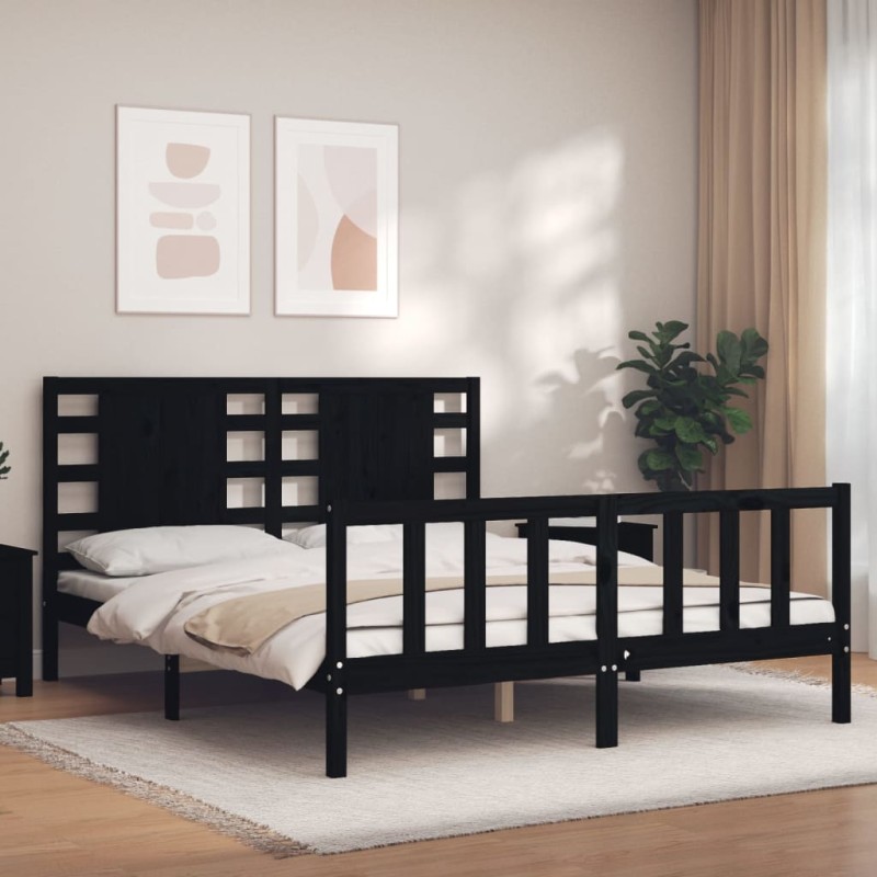 vidaXL Estructura cama de matrimonio con cabecero madera maciza negro