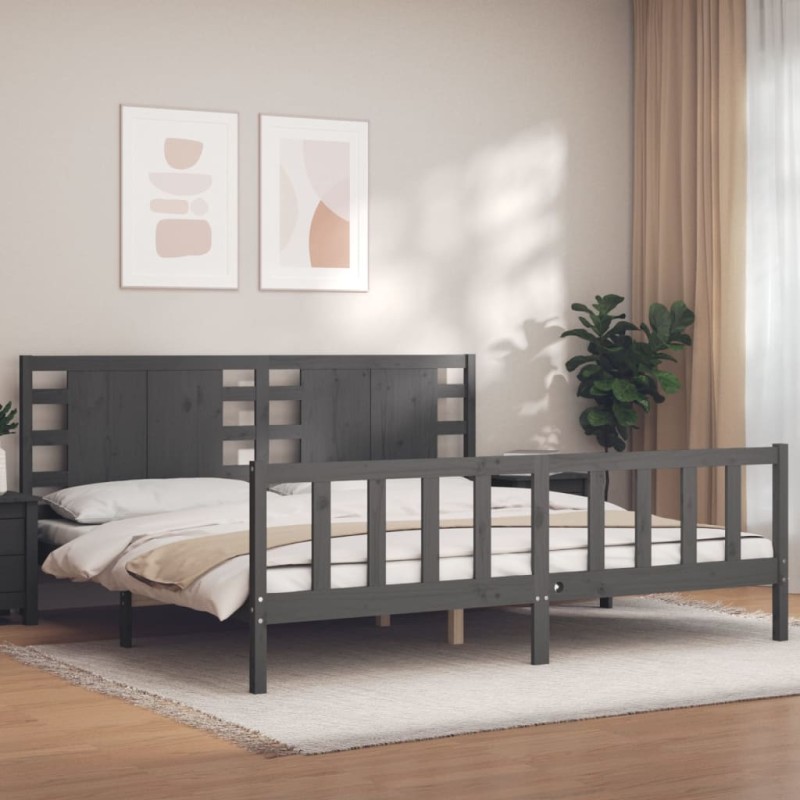 vidaXL Estructura de cama con cabecero madera maciza gris 200x200cm vidaXL Estructura de cama con cabecero madera maciza gris 200x200cm