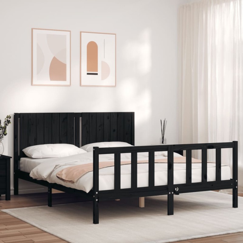 vidaXL Estructura de cama con cabecero madera maciza negro 160x200 cm vidaXL Estructura de cama con cabecero madera maciza negro 160x200 cm