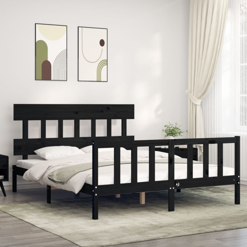 vidaXL Estructura de cama con cabecero madera maciza negro 160x200 cm vidaXL Estructura de cama con cabecero madera maciza negro 160x200 cm