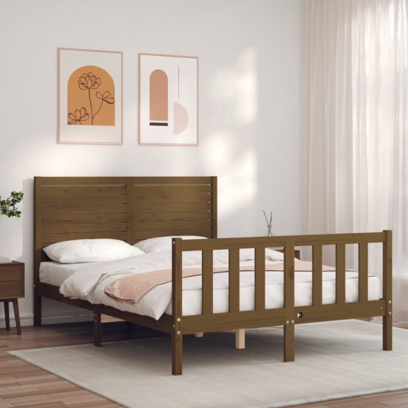vidaXL Estructura de cama matrimonio con cabecero madera marrón miel vidaXL Estructura de cama matrimonio con cabecero madera marrón miel