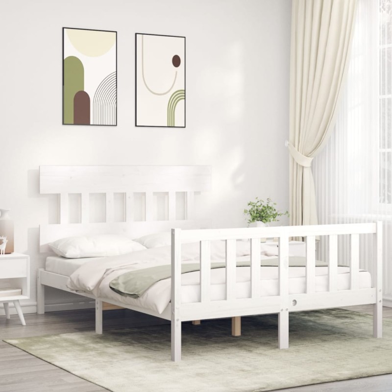 vidaXL Estructura cama de matrimonio con cabecero madera maciza blanco vidaXL Estructura cama de matrimonio con cabecero madera maciza blanco