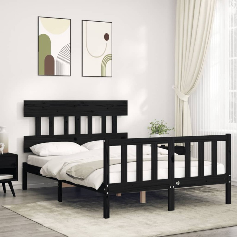 vidaXL Estructura cama de matrimonio con cabecero madera maciza negra vidaXL Estructura cama de matrimonio con cabecero madera maciza negra