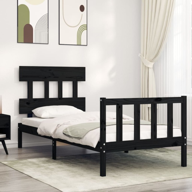 vidaXL Estructura de cama con cabecero madera maciza negro 90x200 cm vidaXL Estructura de cama con cabecero madera maciza negro 90x200 cm