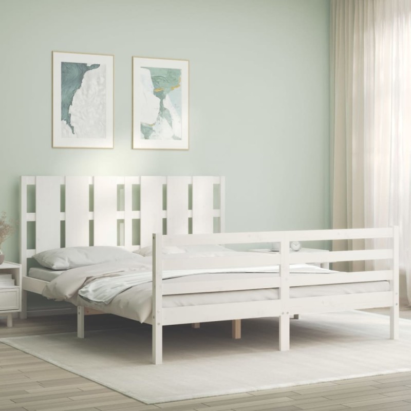 vidaXL Estructura de cama matrimonio con cabecero madera maciza blanco vidaXL Estructura de cama matrimonio con cabecero madera maciza blanco
