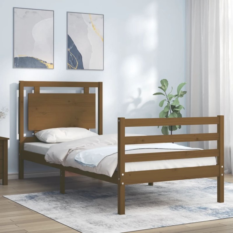 vidaXL Estructura cama y cabecero madera maciza marrón miel 100x200 cm vidaXL Estructura cama y cabecero madera maciza marrón miel 100x200 cm