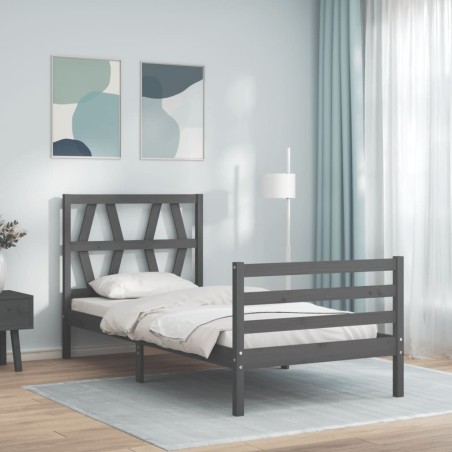 vidaXL Estructura de cama con cabecero madera maciza gris 90x200 cm