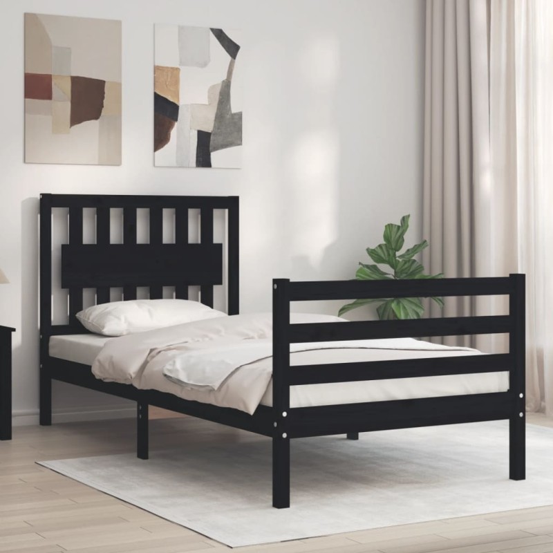 vidaXL Estructura de cama con cabecero madera maciza negro 90x200 cm vidaXL Estructura de cama con cabecero madera maciza negro 90x200 cm
