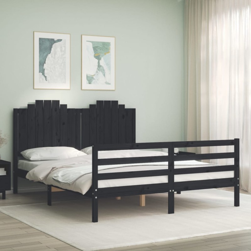 vidaXL Estructura de cama con cabecero madera maciza negro 160x200 cm vidaXL Estructura de cama con cabecero madera maciza negro 160x200 cm