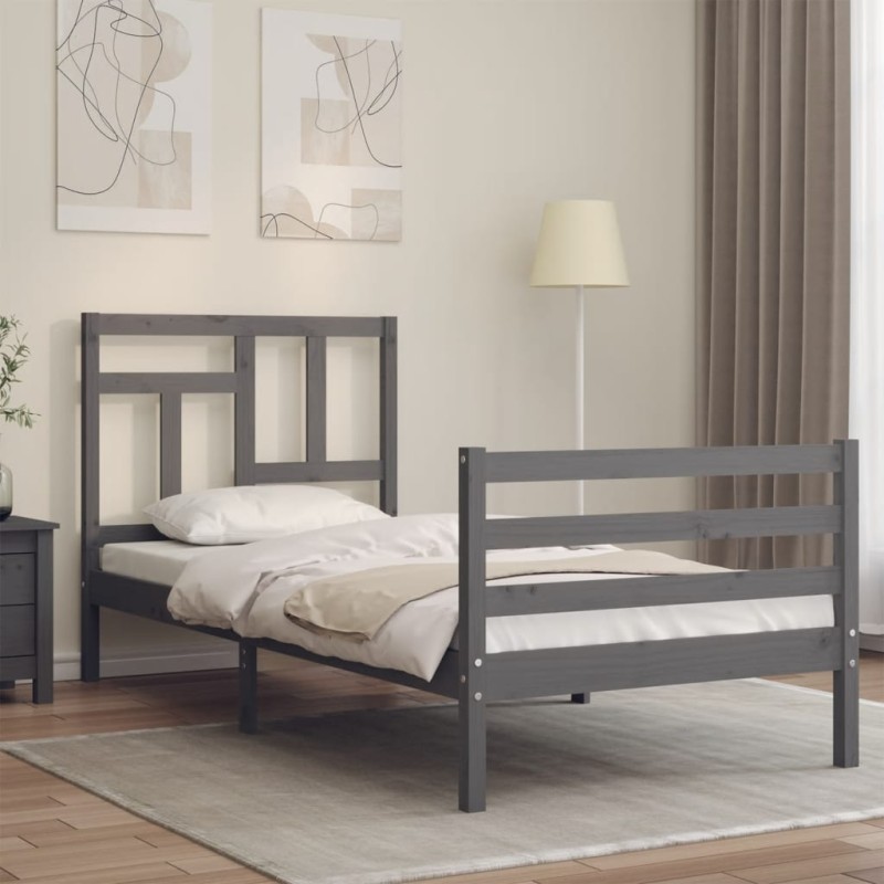 vidaXL Estructura de cama con cabecero madera maciza gris 90x200 cm vidaXL Estructura de cama con cabecero madera maciza gris 90x200 cm