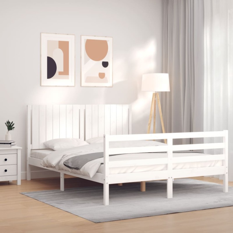 vidaXL Estructura de cama con cabecero madera maciza blanco 160x200 cm vidaXL Estructura de cama con cabecero madera maciza blanco 160x200 cm