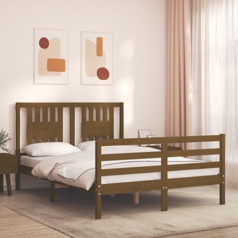 vidaXL Estructura cama y cabecero madera maciza marrón miel 140x200 cm vidaXL Estructura cama y cabecero madera maciza marrón miel 140x200 cm
