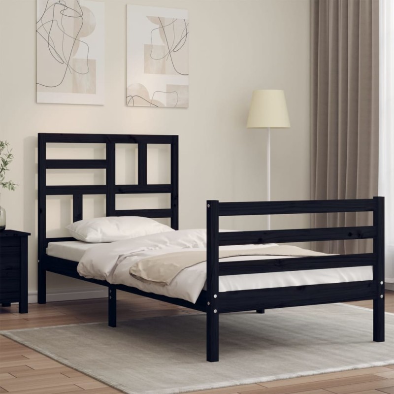 vidaXL Estructura de cama con cabecero madera maciza negro 100x200 cm vidaXL Estructura de cama con cabecero madera maciza negro 100x200 cm