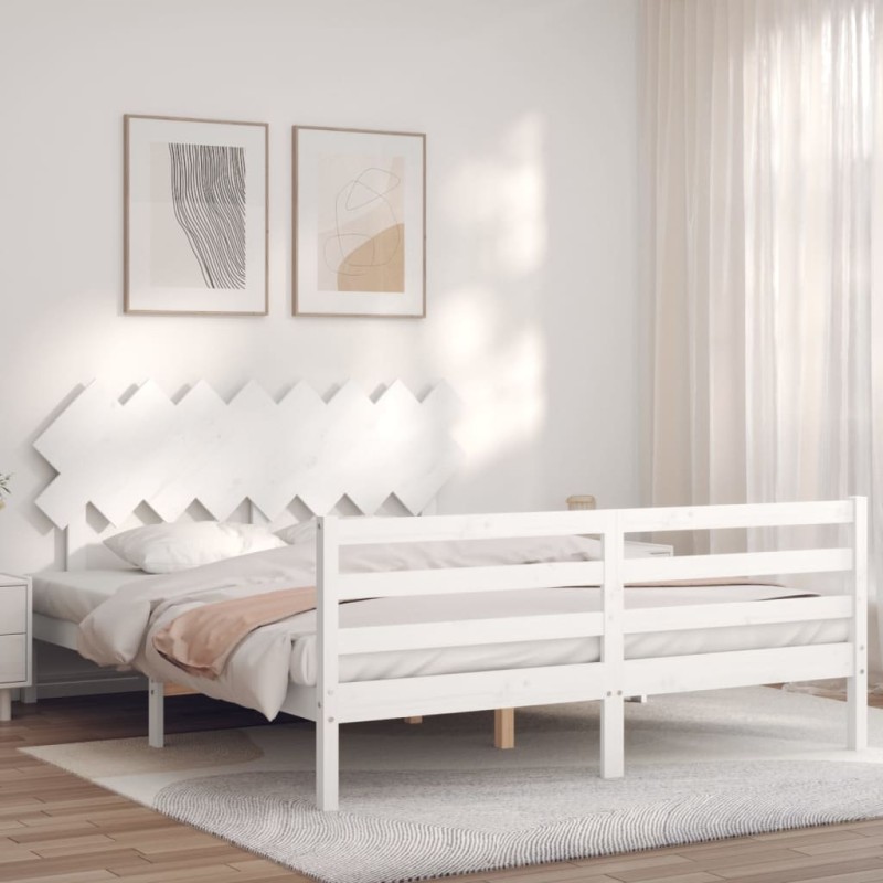vidaXL Estructura de cama con cabecero madera maciza blanco 160x200 cm vidaXL Estructura de cama con cabecero madera maciza blanco 160x200 cm